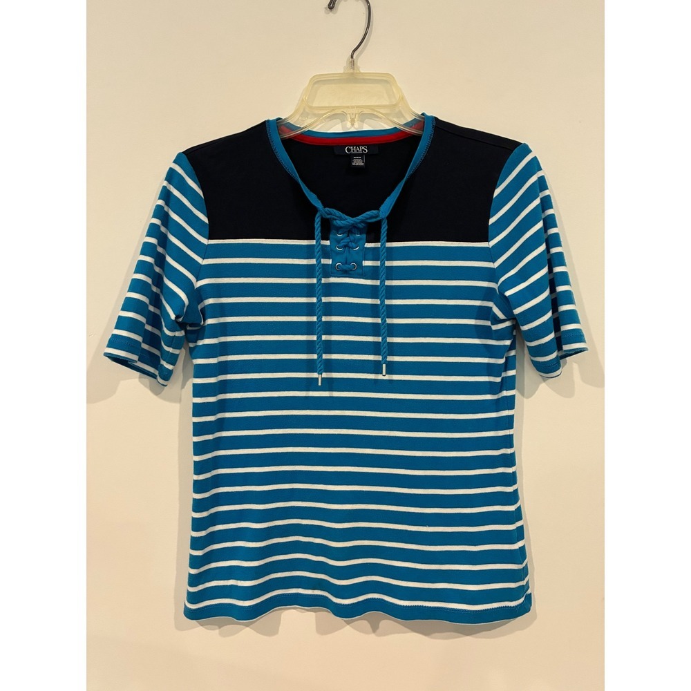 Y2K CHAPS Lace Up Striped Top Medium Coastal 100% Cotton Preppy